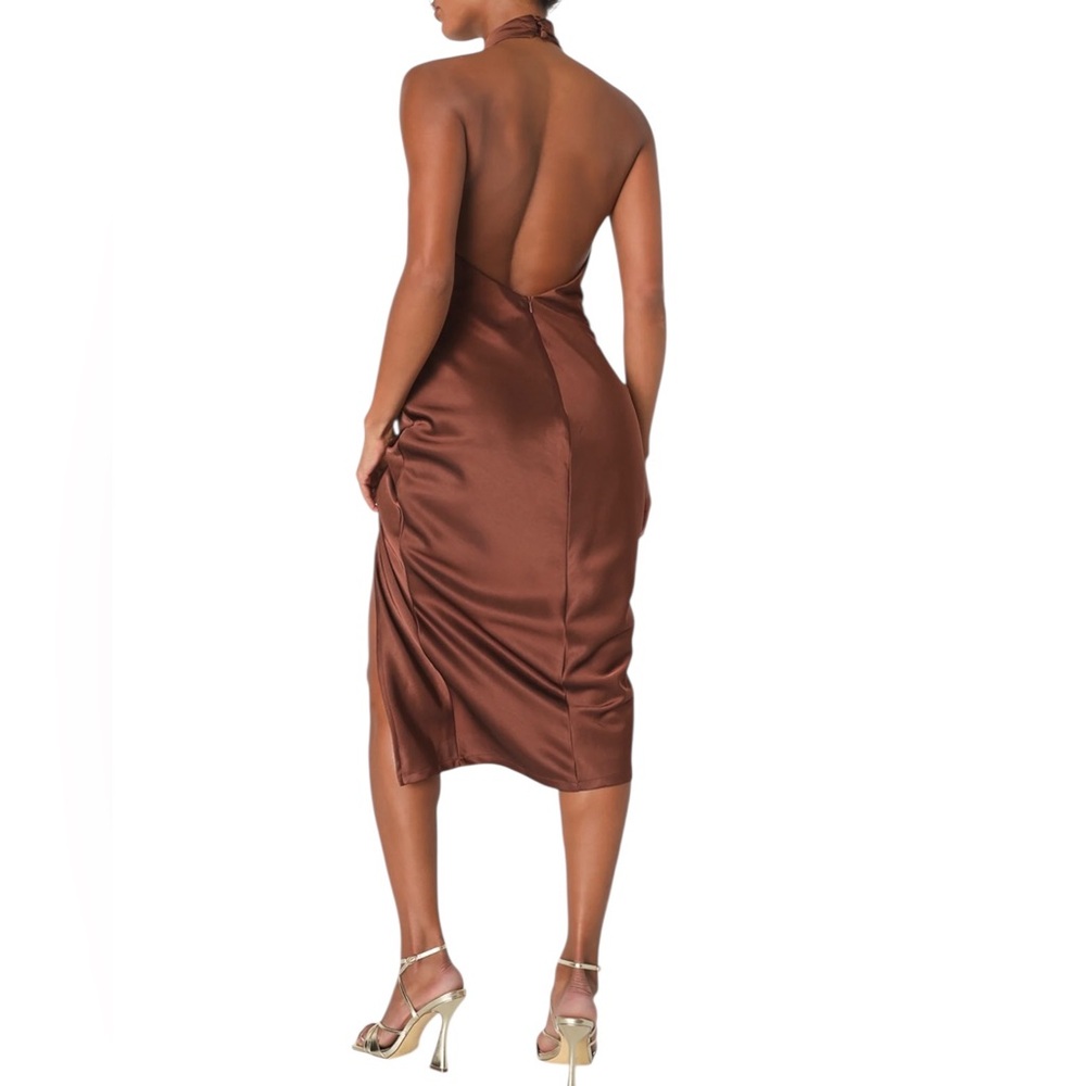 NEW Lulus Beyond Classy Brown Satin Halter Dress - Picture 2 of 8